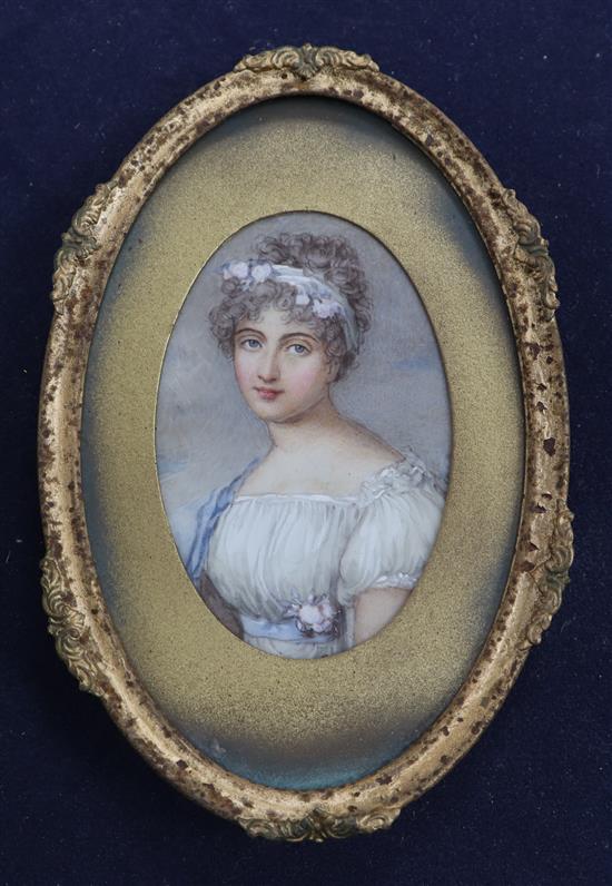 A late 19th / early 20th century watercolour miniature of a young lady as a classical muse, 9 x 5.5cm
